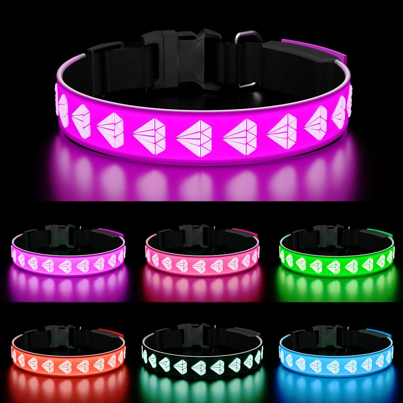 TOPOTO LED Dog Collar 3D Design Light Up Dog Collars Adjustable 15 Multi-Colors Dog Collar Rechargeable Waterproof Bright Light Dog Collar for Medium Dogs Purple