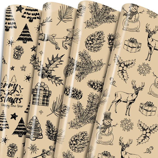 Keluna Vintage Woodland Christmas Wrap - 12 Rustic Reindeer Sheets